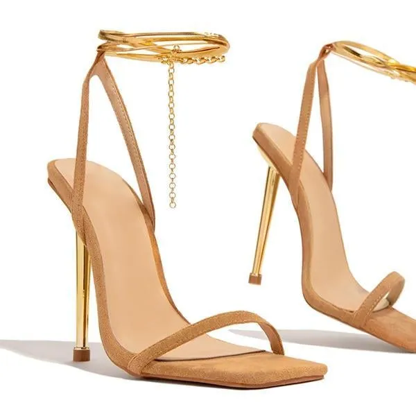 adjustable ankle chain open squared toe heels