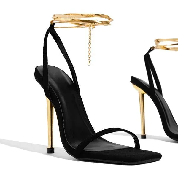 adjustable ankle chain open squared toe heels