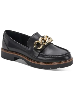 AQUA COLLEGE Womens Black Chain Waterproof Cushioned Hessa Almond Toe Block Heel Slip On Leather Loafers Shoes M