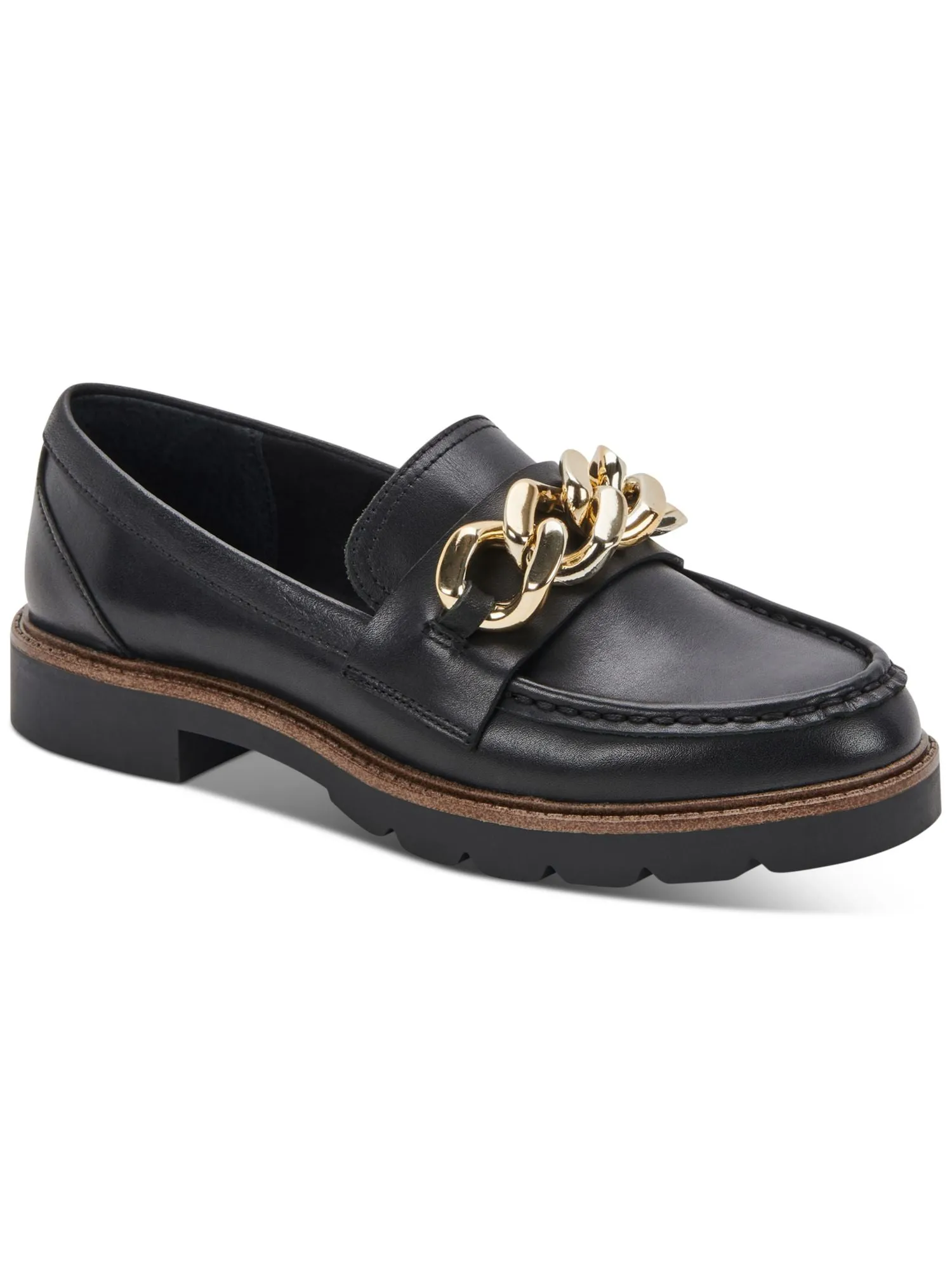 AQUA COLLEGE Womens Black Chain Waterproof Cushioned Hessa Almond Toe Block Heel Slip On Leather Loafers Shoes M