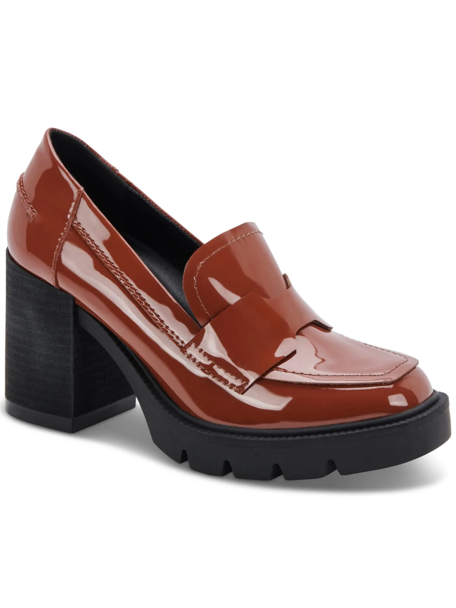 AQUA COLLEGE Womens Brown Double Notched Strap Padded Jonnie Square Toe Slip On Heeled Loafers