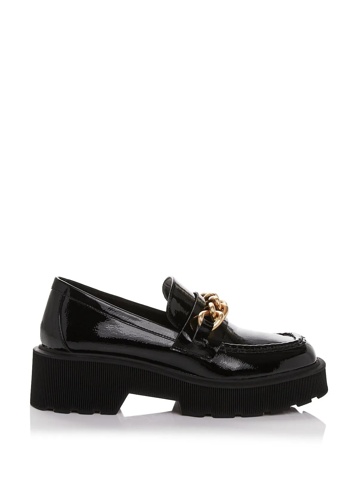AQUA Womens Black Chain 1" Platform Comfort Brynn Square Toe Block Heel Slip On Leather Loafers Shoes
