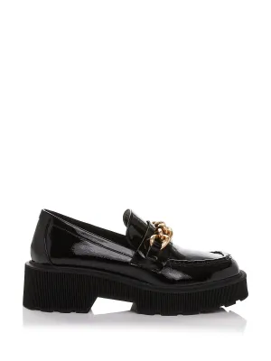AQUA Womens Black Chain 1" Platform Comfort Brynn Square Toe Block Heel Slip On Leather Loafers Shoes