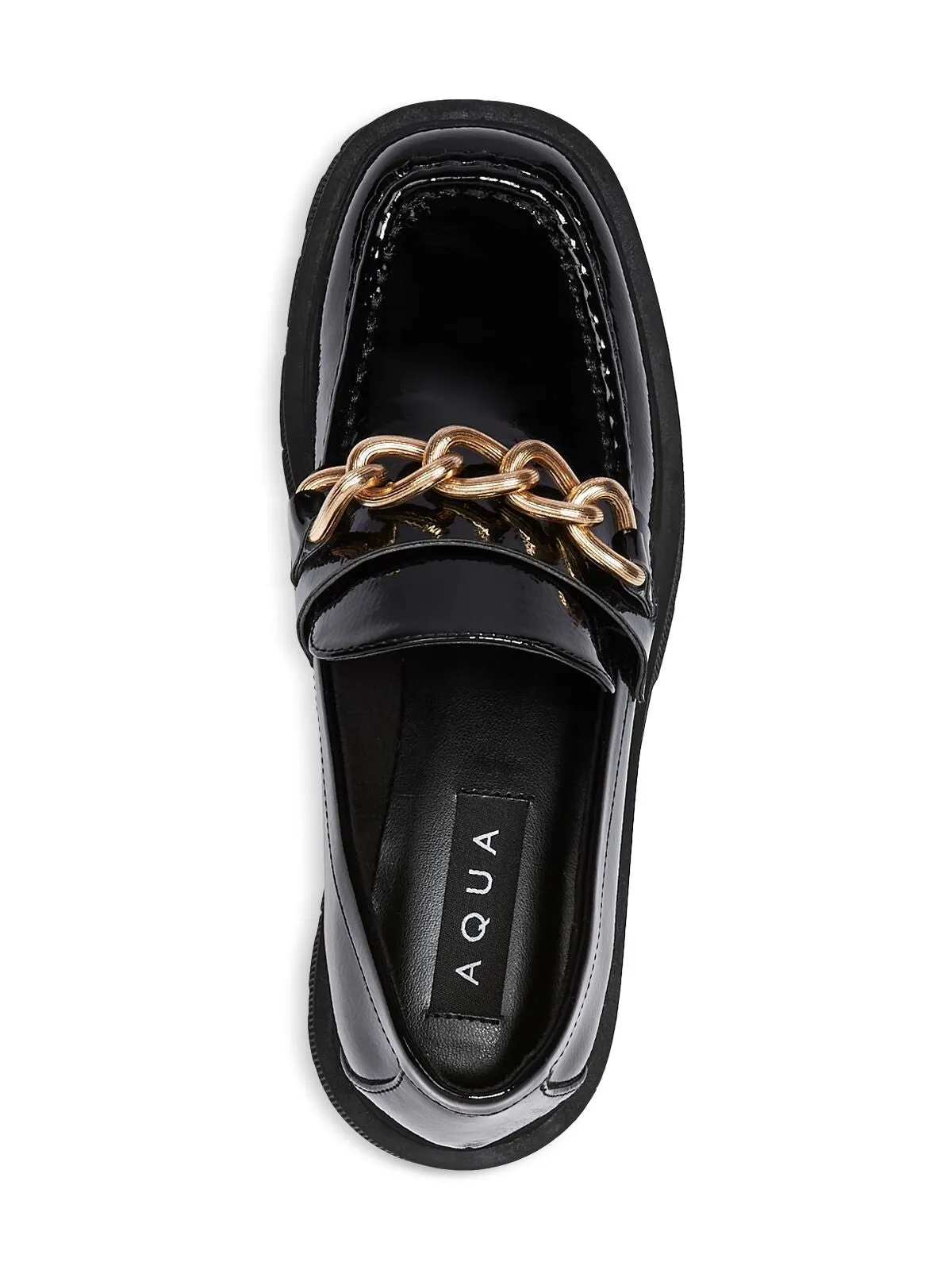 AQUA Womens Black Chain 1" Platform Comfort Brynn Square Toe Block Heel Slip On Leather Loafers Shoes