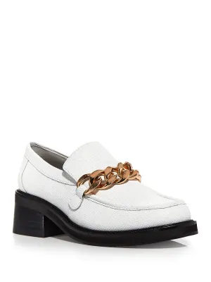 AQUA Womens White Bone Lizard Embossed Chain Accent Cushioned Lena Round Toe Block Heel Slip On Leather Dress Heeled Loafers M