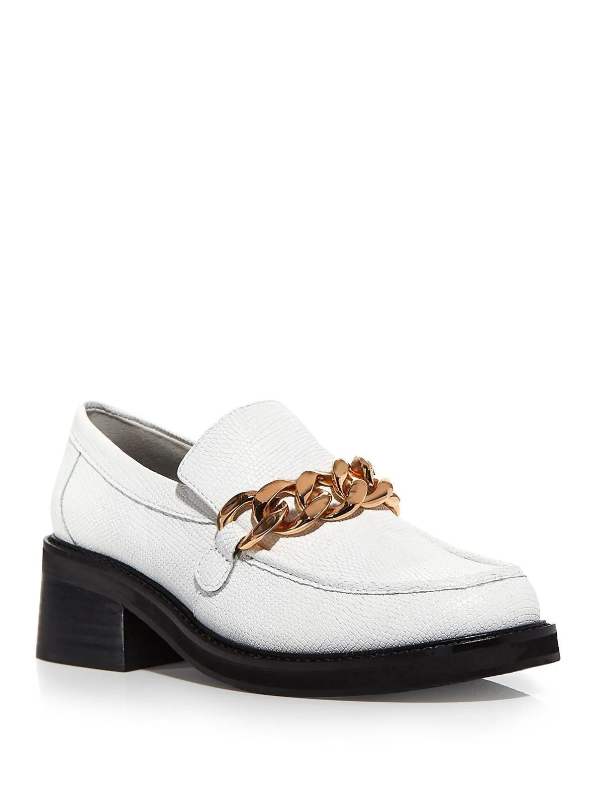 AQUA Womens White Bone Lizard Embossed Chain Accent Cushioned Lena Round Toe Block Heel Slip On Leather Dress Heeled Loafers M