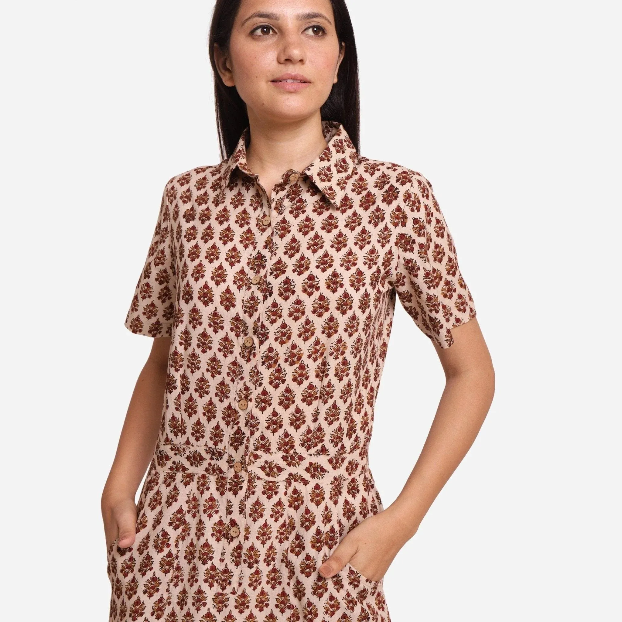 Beige Block Printed Cotton Midi Shift Dress