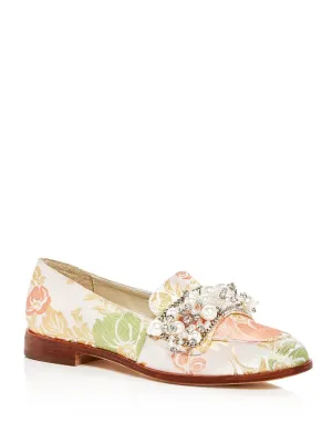 BETTYE MULLER Womens Pink Floral Brocade Cushioned Rhinestone Beaded Revel Round Toe Slip On Loafers Shoes M