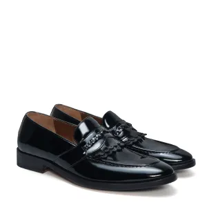Black Patent Leather Slip-On Loafers with Dual Fringes Weaved Strip by Brune & Bareskin Black Patent Leather Slip-On Loafers with Dual Fringes Weaved Strip by Brune & Bareskin