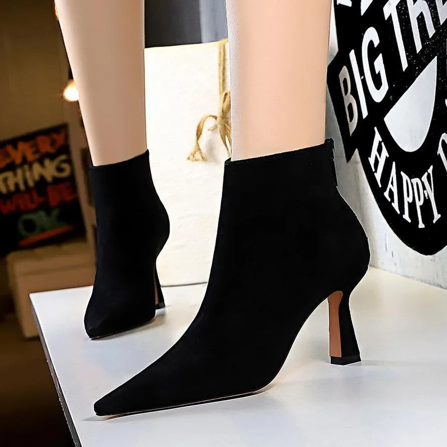 Chicvane Girls Suede Pointed Toe Stiletto Heel Ankle Boots