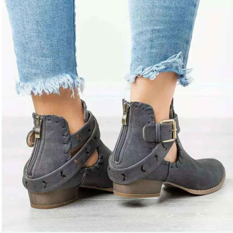 Chicvane New Pointed Toe Buckle Closure Chunky Heel Ankle Boots For Women