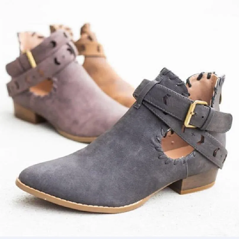 Chicvane New Pointed Toe Buckle Closure Chunky Heel Ankle Boots For Women