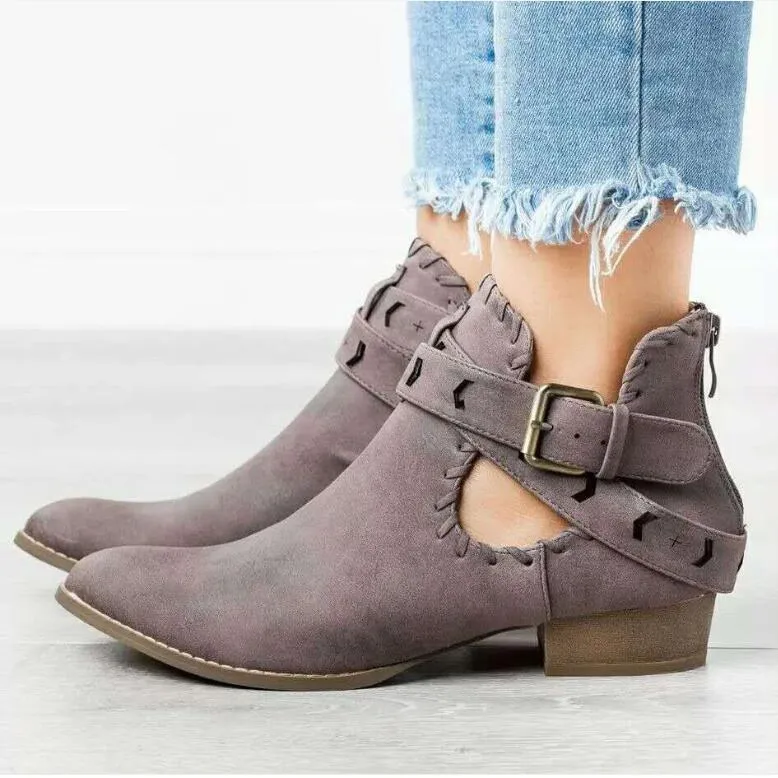 Chicvane New Pointed Toe Buckle Closure Chunky Heel Ankle Boots For Women