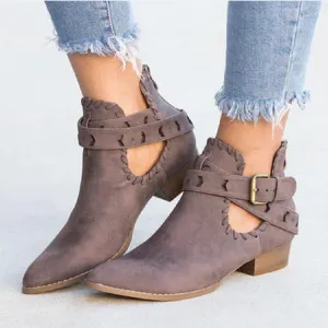 Chicvane New Pointed Toe Buckle Closure Chunky Heel Ankle Boots For Women