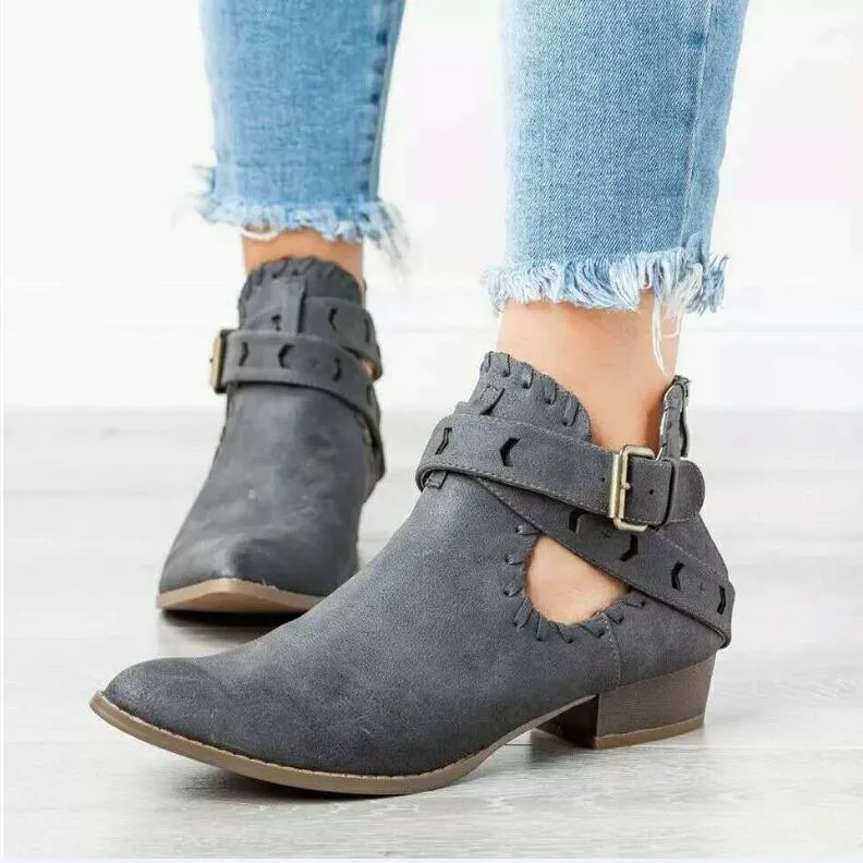 Chicvane New Pointed Toe Buckle Closure Chunky Heel Ankle Boots For Women