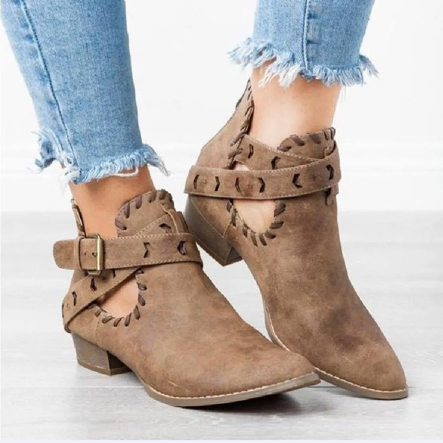 Chicvane New Pointed Toe Buckle Closure Chunky Heel Ankle Boots For Women