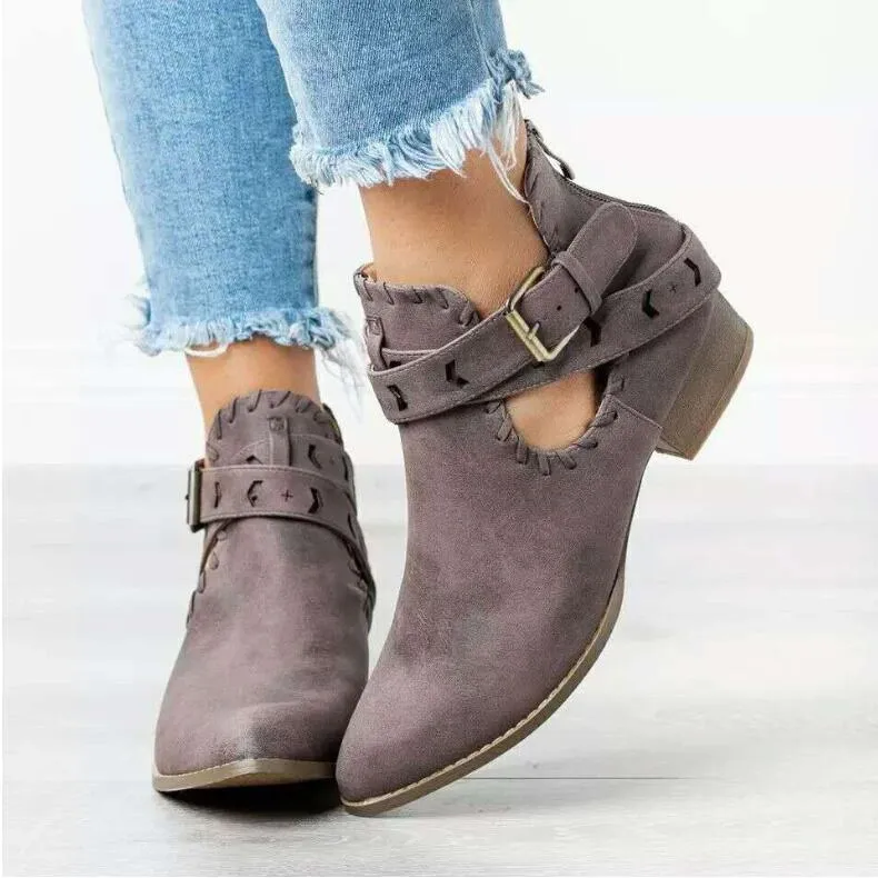 Chicvane New Pointed Toe Buckle Closure Chunky Heel Ankle Boots For Women