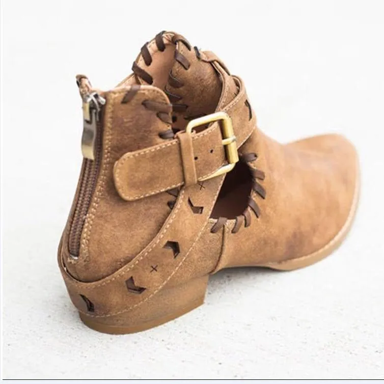 Chicvane New Pointed Toe Buckle Closure Chunky Heel Ankle Boots For Women