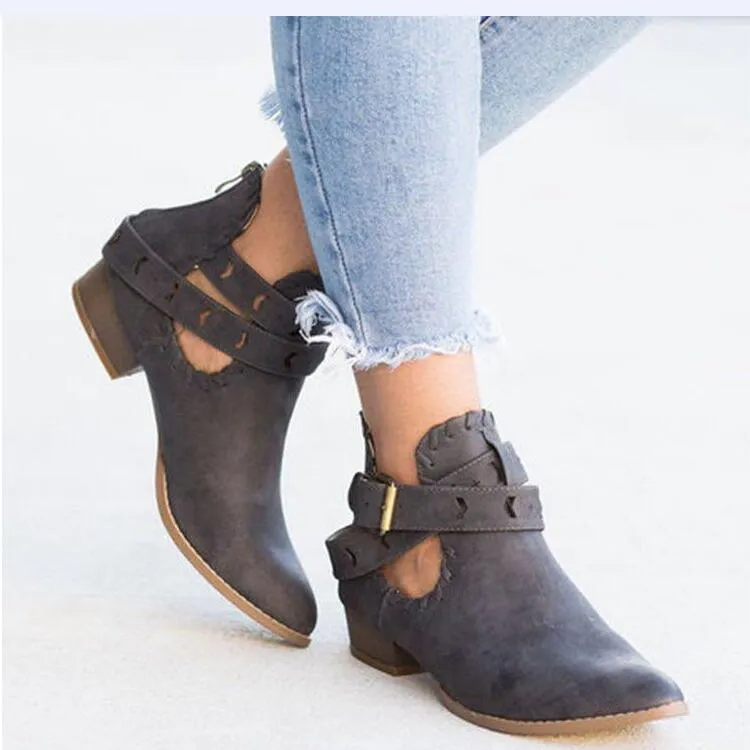 Chicvane New Pointed Toe Buckle Closure Chunky Heel Ankle Boots For Women