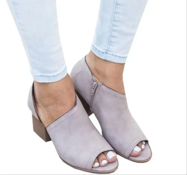 Chicvane Peep Toe Chunky Mule with Zipper Ankle Boots