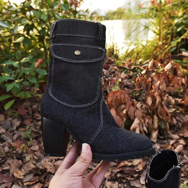 Chicvane Womens Jean Zipper Closure Chunky Heel Mid Calf Boots With Pocket
