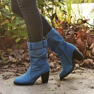 Chicvane Womens Jean Zipper Closure Chunky Heel Mid Calf Boots With Pocket