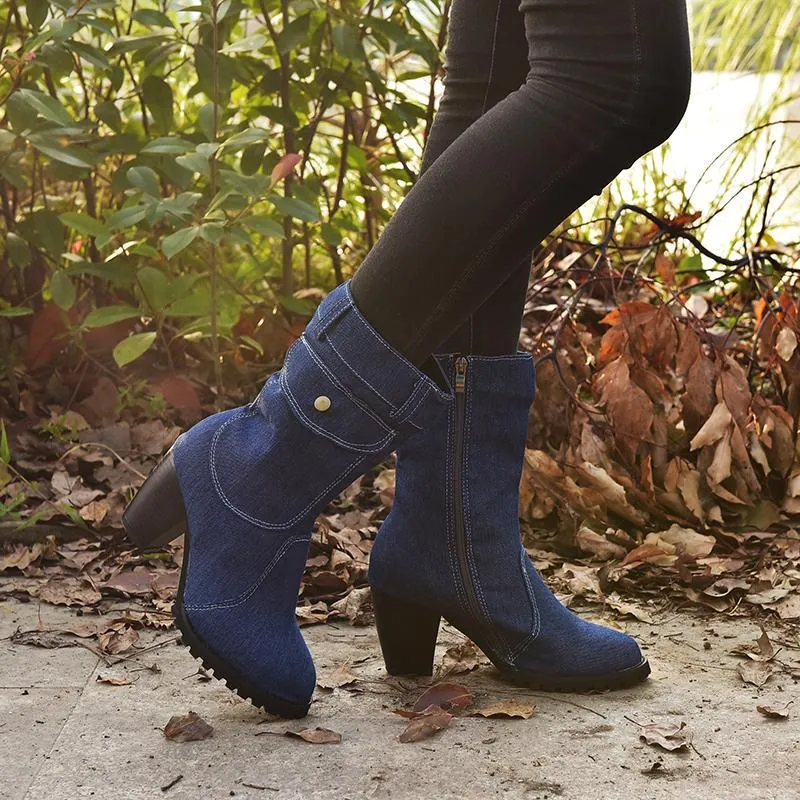 Chicvane Womens Jean Zipper Closure Chunky Heel Mid Calf Boots With Pocket