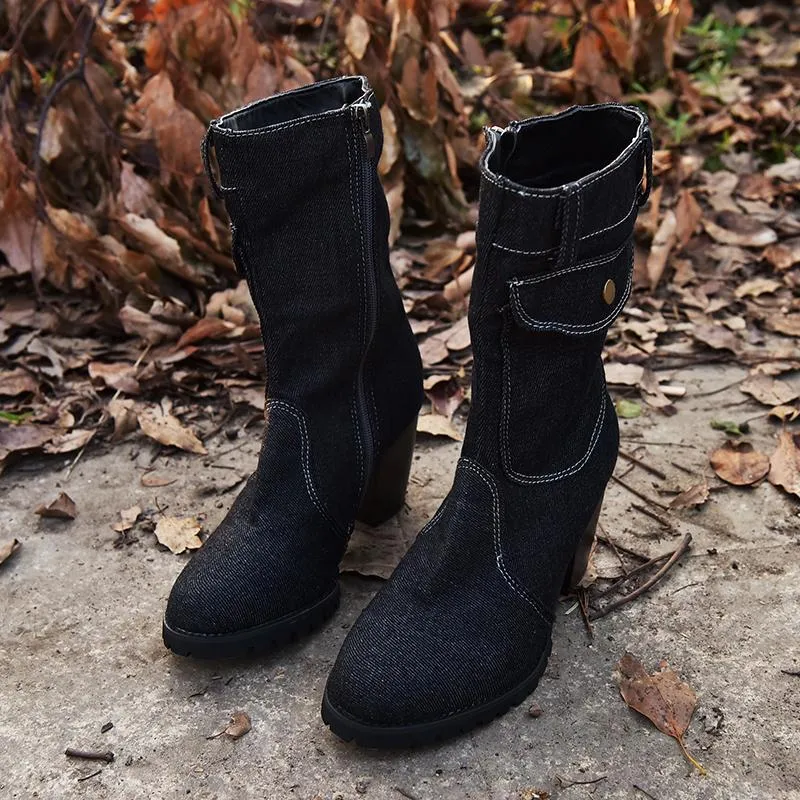 Chicvane Womens Jean Zipper Closure Chunky Heel Mid Calf Boots With Pocket