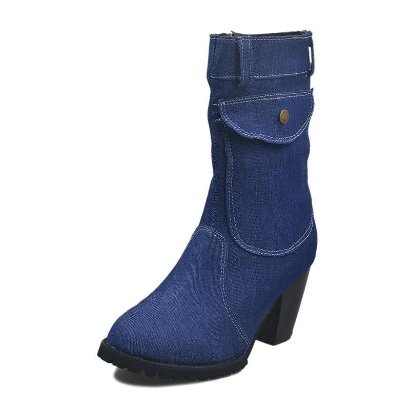 Chicvane Womens Jean Zipper Closure Chunky Heel Mid Calf Boots With Pocket