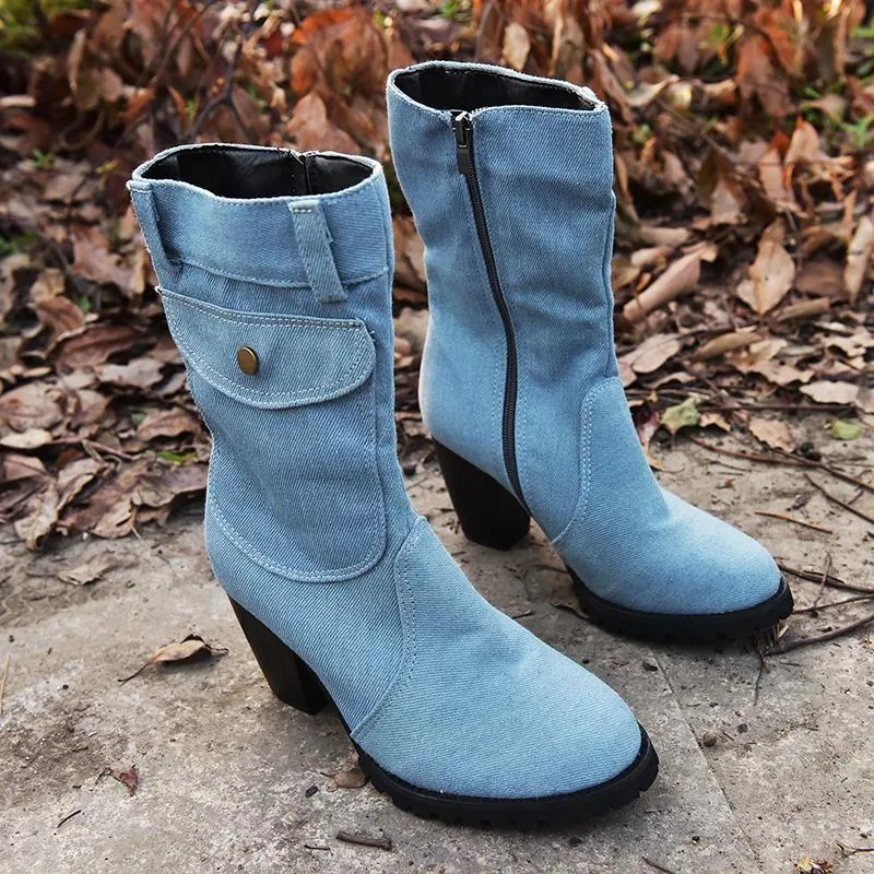 Chicvane Womens Jean Zipper Closure Chunky Heel Mid Calf Boots With Pocket