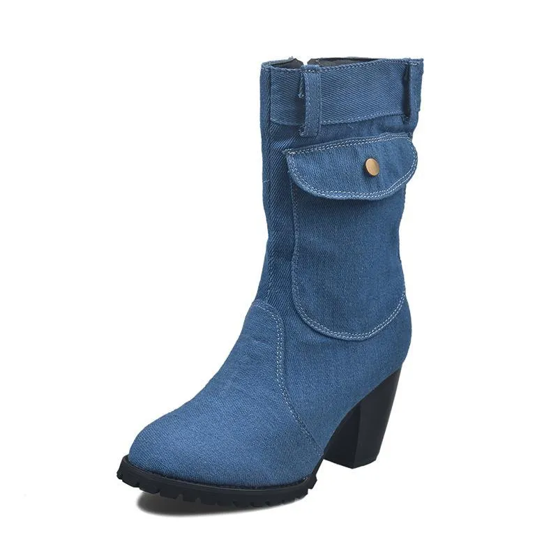 Chicvane Womens Jean Zipper Closure Chunky Heel Mid Calf Boots With Pocket
