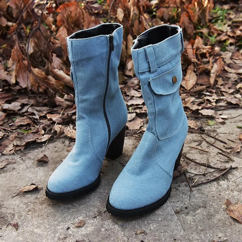 Chicvane Womens Jean Zipper Closure Chunky Heel Mid Calf Boots With Pocket
