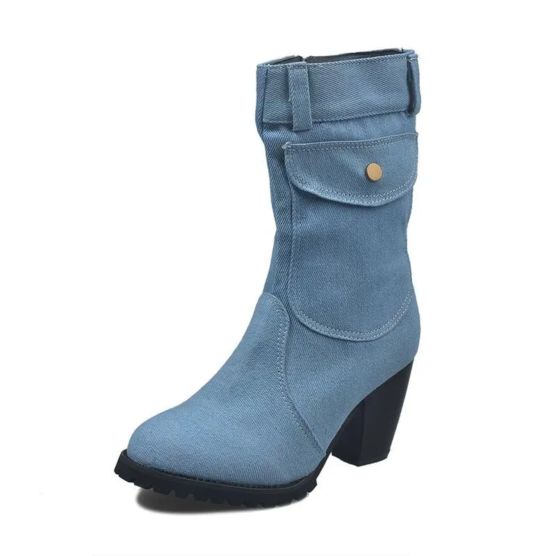 Chicvane Womens Jean Zipper Closure Chunky Heel Mid Calf Boots With Pocket