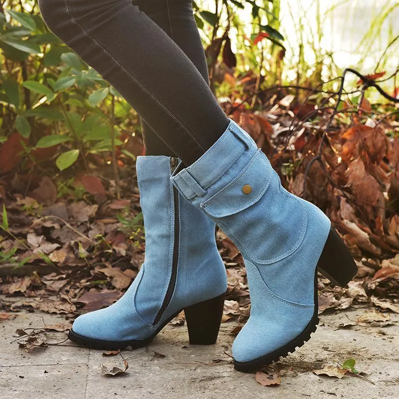 Chicvane Womens Jean Zipper Closure Chunky Heel Mid Calf Boots With Pocket