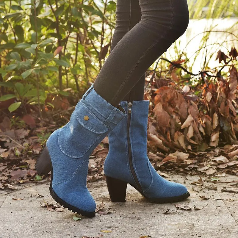 Chicvane Womens Jean Zipper Closure Chunky Heel Mid Calf Boots With Pocket