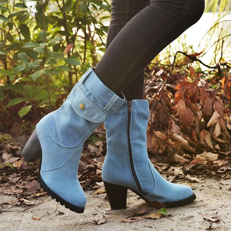 Chicvane Womens Jean Zipper Closure Chunky Heel Mid Calf Boots With Pocket