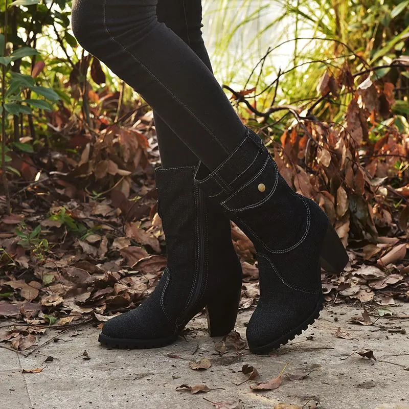 Chicvane Womens Jean Zipper Closure Chunky Heel Mid Calf Boots With Pocket