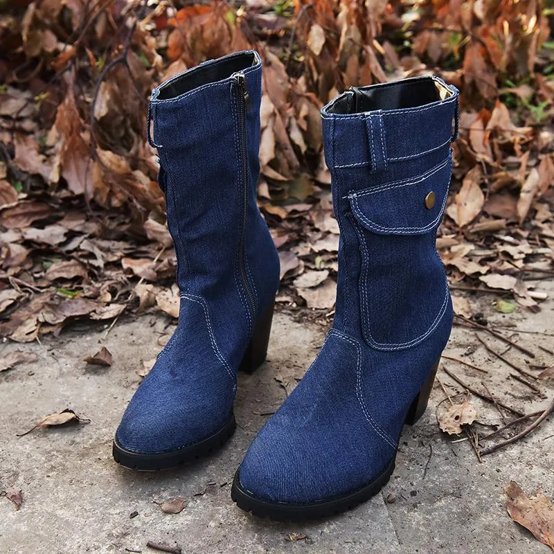 Chicvane Womens Jean Zipper Closure Chunky Heel Mid Calf Boots With Pocket