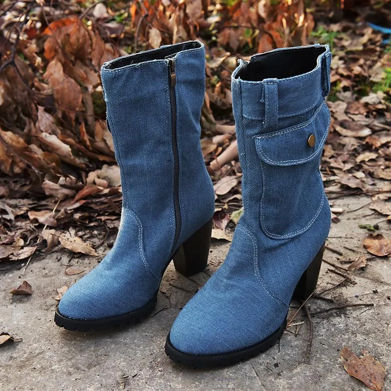 Chicvane Womens Jean Zipper Closure Chunky Heel Mid Calf Boots With Pocket