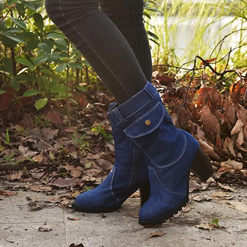 Chicvane Womens Jean Zipper Closure Chunky Heel Mid Calf Boots With Pocket