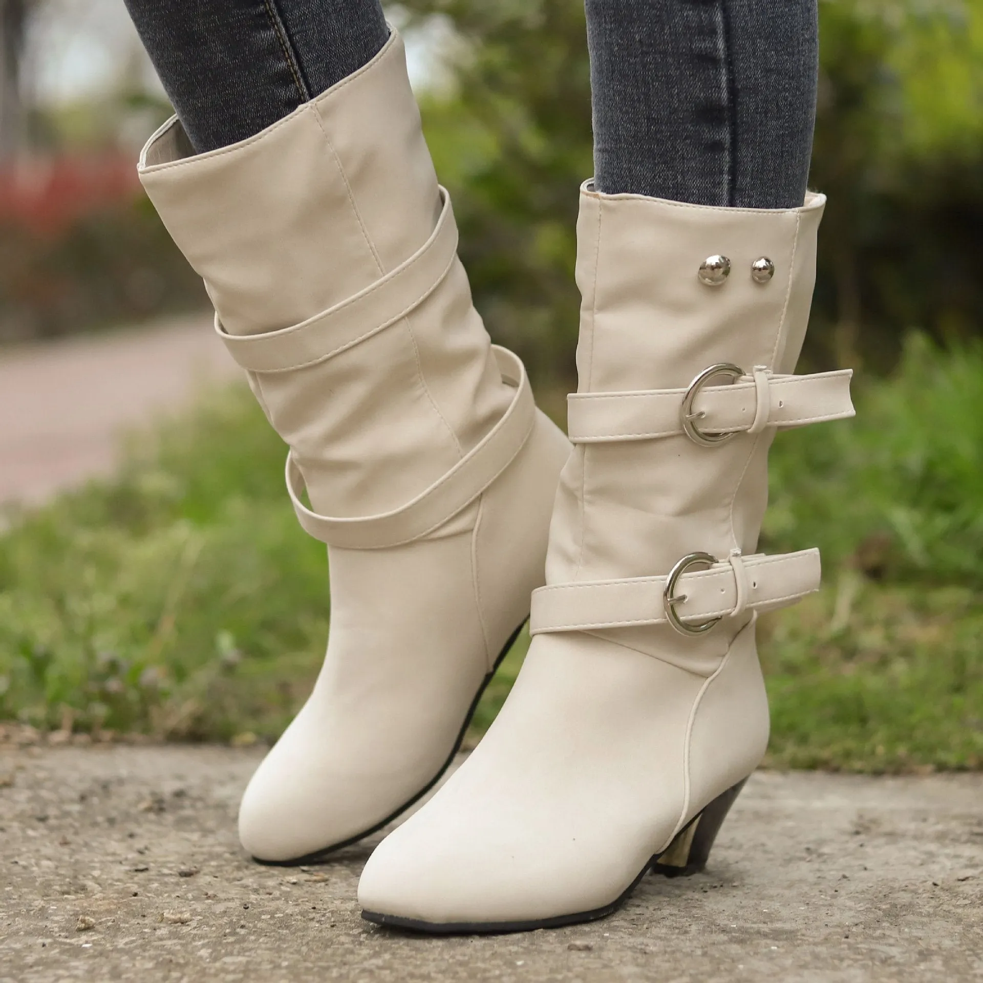 Chicvane Women's Studded Slip-On Mid Heels Mid Calf Boots