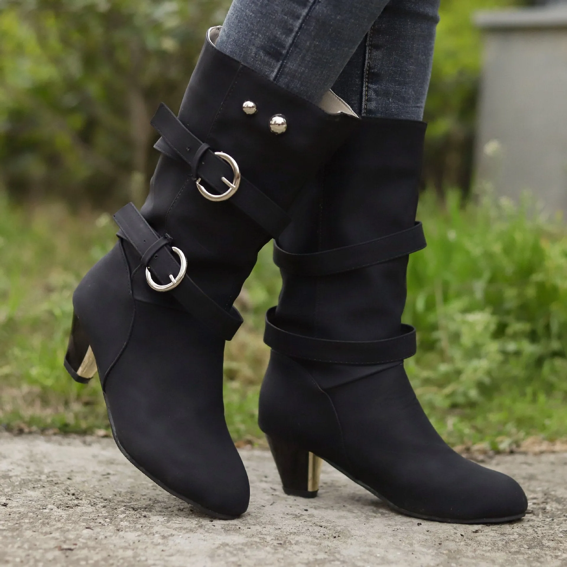 Chicvane Women's Studded Slip-On Mid Heels Mid Calf Boots