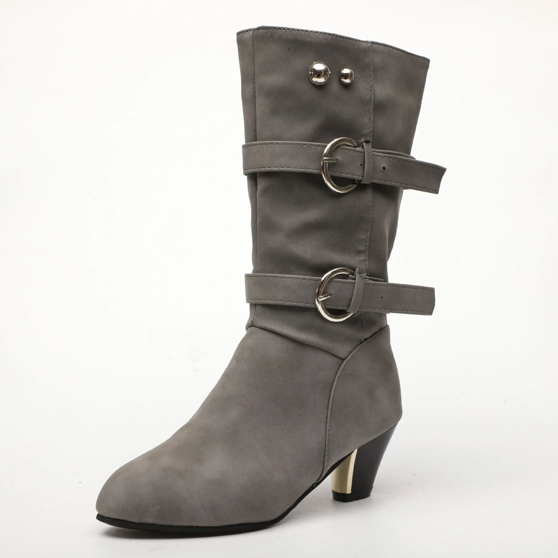 Chicvane Women's Studded Slip-On Mid Heels Mid Calf Boots
