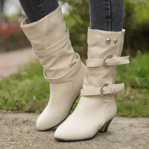 Chicvane Women's Studded Slip-On Mid Heels Mid Calf Boots