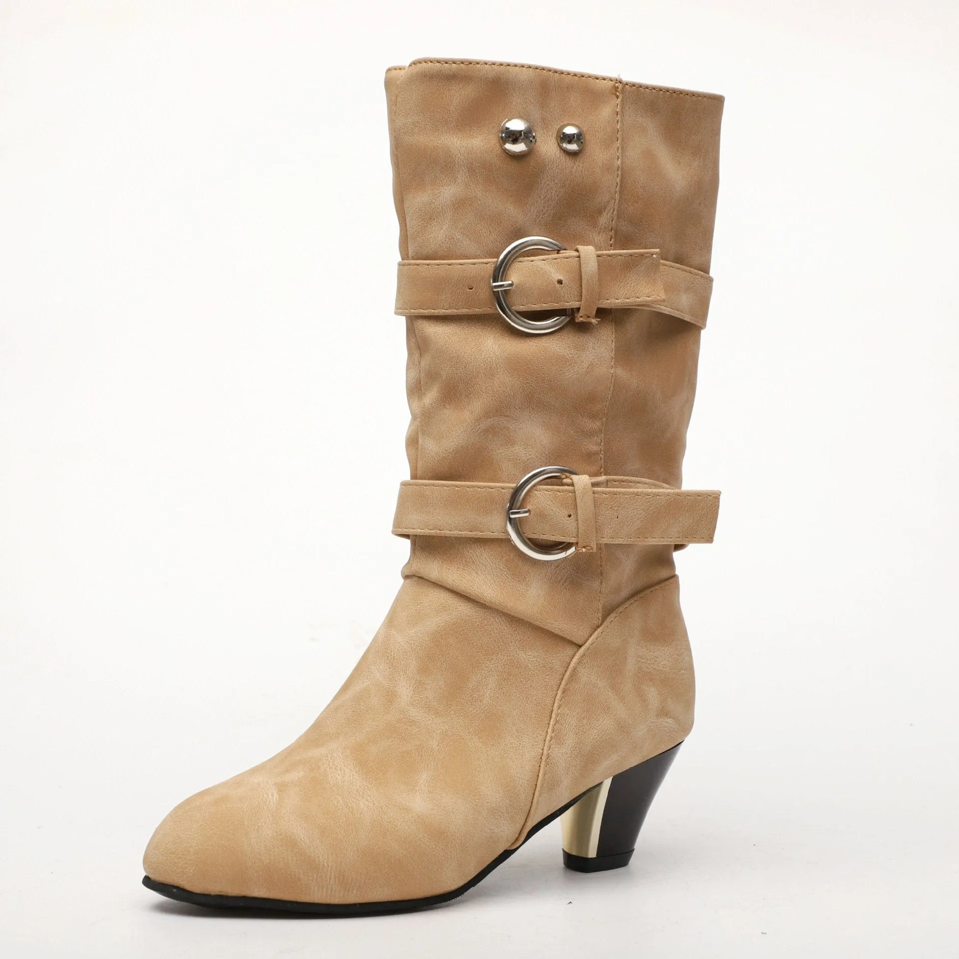 Chicvane Women's Studded Slip-On Mid Heels Mid Calf Boots