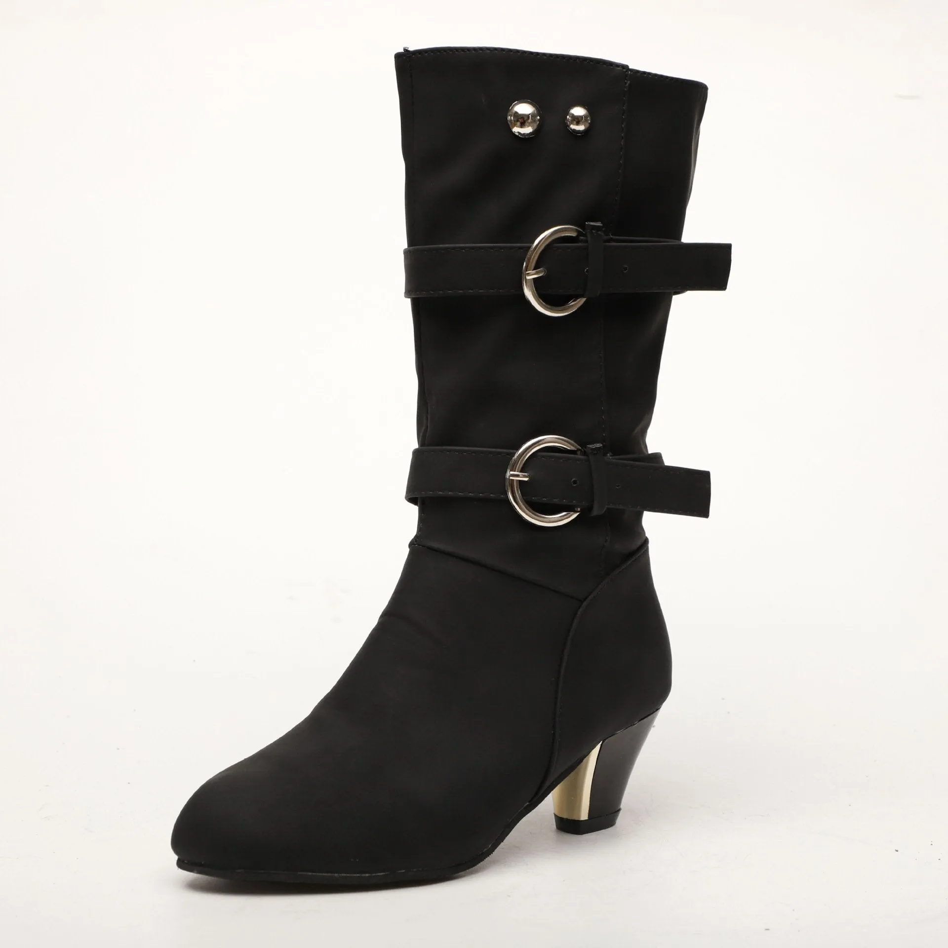 Chicvane Women's Studded Slip-On Mid Heels Mid Calf Boots