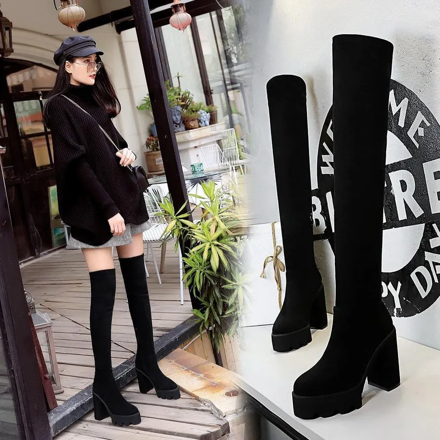 Chicvane Womens Suede Pointed Toe Platform Chunky Heel Over The Knee Boots