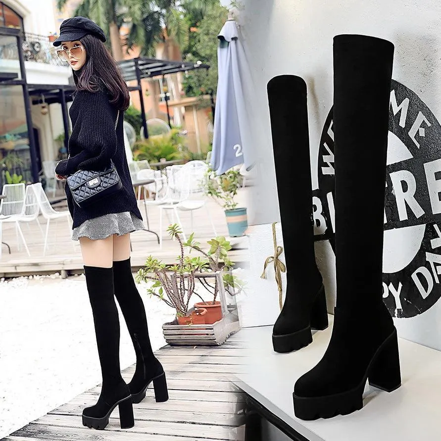 Chicvane Womens Suede Pointed Toe Platform Chunky Heel Over The Knee Boots
