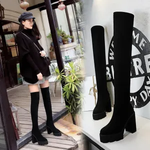 Chicvane Womens Suede Pointed Toe Platform Chunky Heel Over The Knee Boots