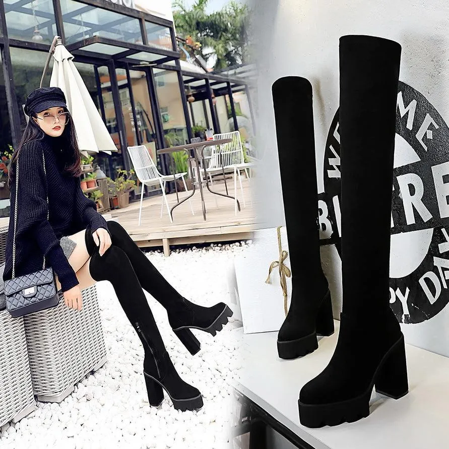 Chicvane Womens Suede Pointed Toe Platform Chunky Heel Over The Knee Boots